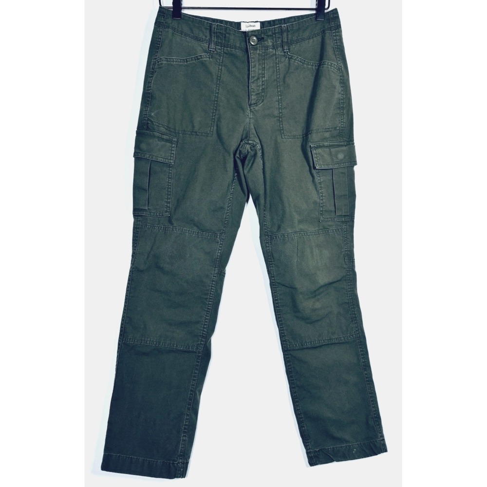 LL Bean Flannel Lined Cargo Pants Women 4 Petite Army Green Plaid Favorite Fit